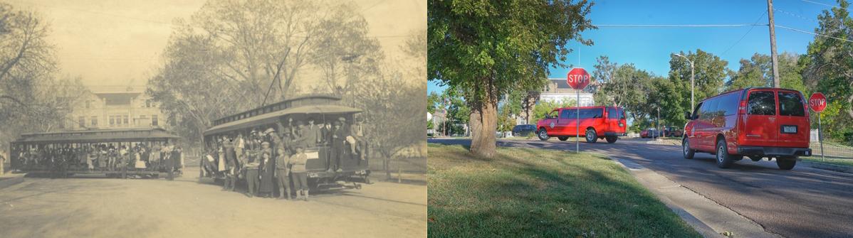 1910-Two new streetcars on Kiowa Street full of people stopped on the tracks in front of the CSDB Administration Building. 2023- two CSDB vans stopped on Kiowa Street full of students, in front of the CSDB Administration Building, heads out for a field trip.