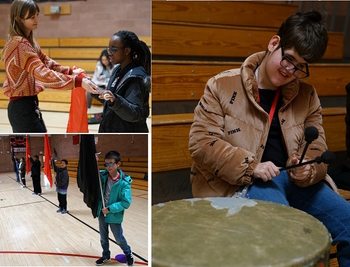Picture collage of three pictures.  Students holding flags and a student sitting by a drum  holding drum sticks.