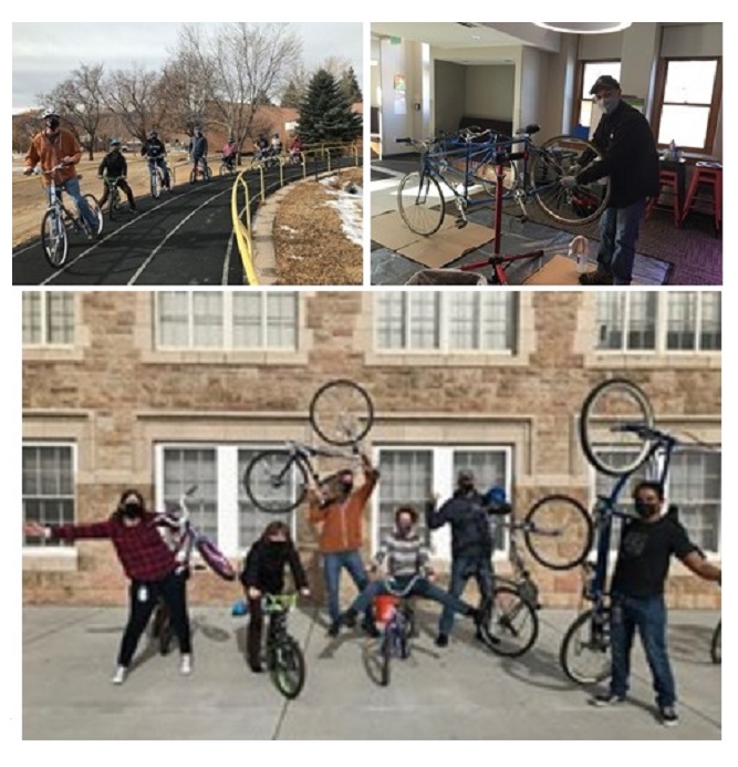 Collage of adults fixing and testing bikes