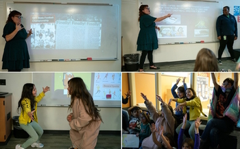 upper left, teacher explains the football championship slide; upper right two teachers explain the technology of the time; lower left, two girls perform in front of others; lower right, a group of student cheer and smile.