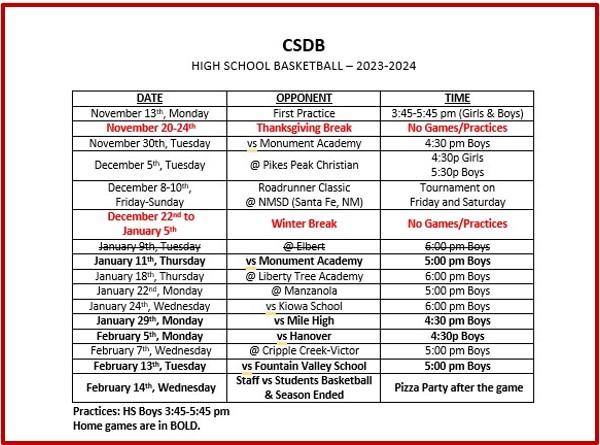 HS Basektball Schedule