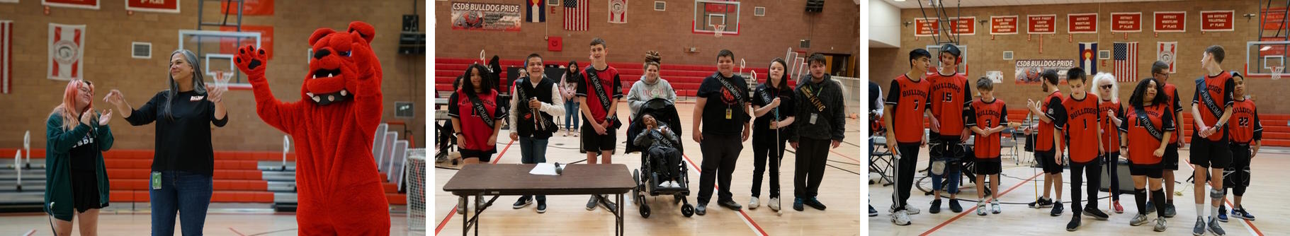 A student, a woman, and the bulldog mascot stand together and applaud,  The homecoming court made up of seven students poses for a photo, The CSDB goalball team stands together in their uniforms