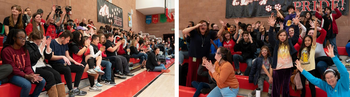 On the bleachers, students and staff clap and cheer ,  Students and staff hold their hands up in Deaf applause.