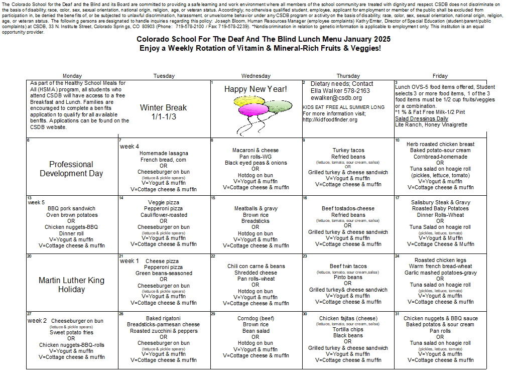 January 2025 Lunch Menu