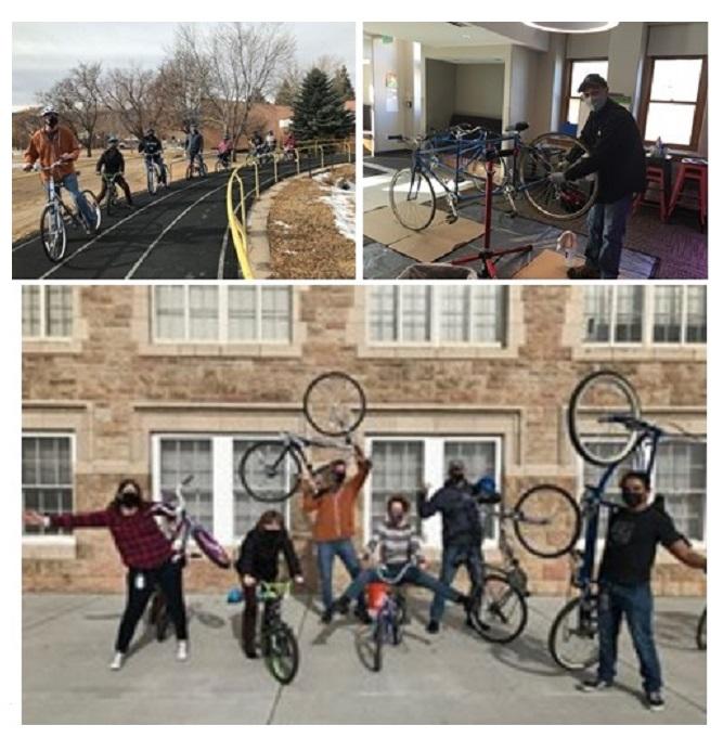 Photo collage of adults fixing and texting bikes.