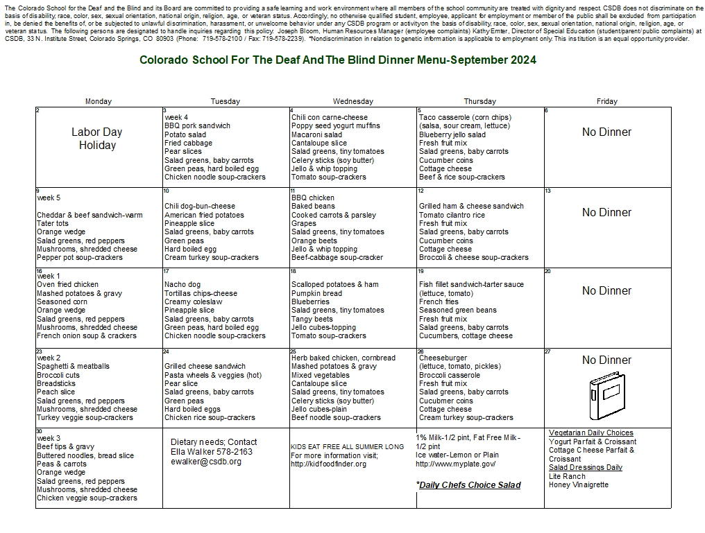 September 2024 Dinner Menu