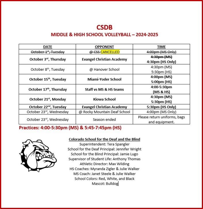 Updated Volleyball Schedule