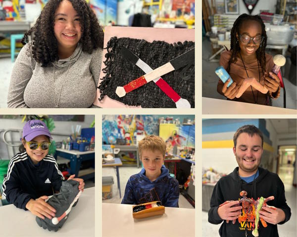 A collage of students holding their art work.