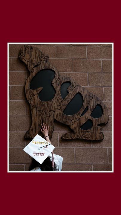 Student touching Bulldog which is hanging on the wall.