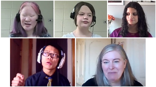 1 male student and 3 female students with a teacher in a video grid
