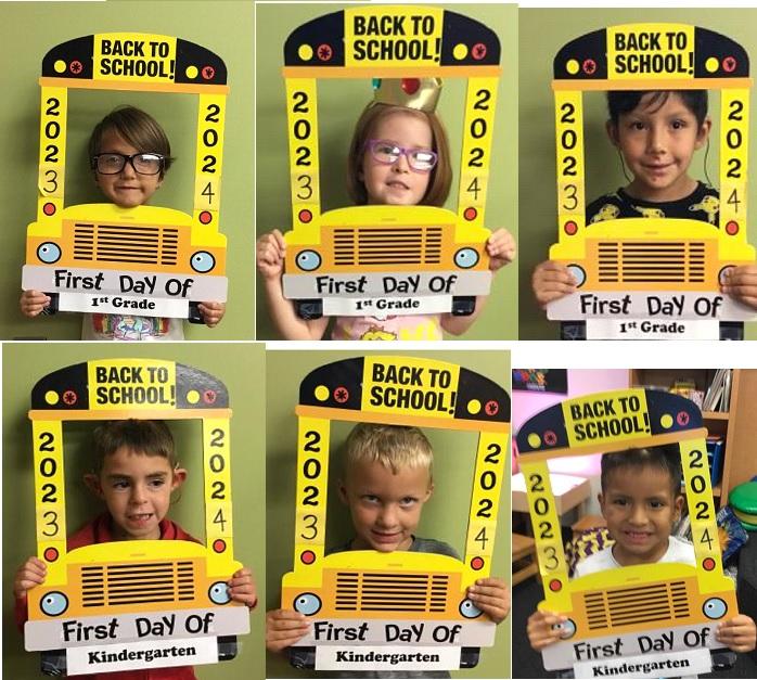 Six individual photos of young students using a bus image to hold around their face. Text: Back to School