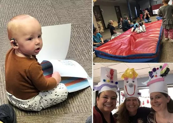 baby with an assistive hearing device sits on the carpet, holds a book and looks toward the camera; upper right, six children and an adult listen as another adult uses ASL to sign a story; lower right, three ladies wear colorful, happy, handmade hats and smile at the camera