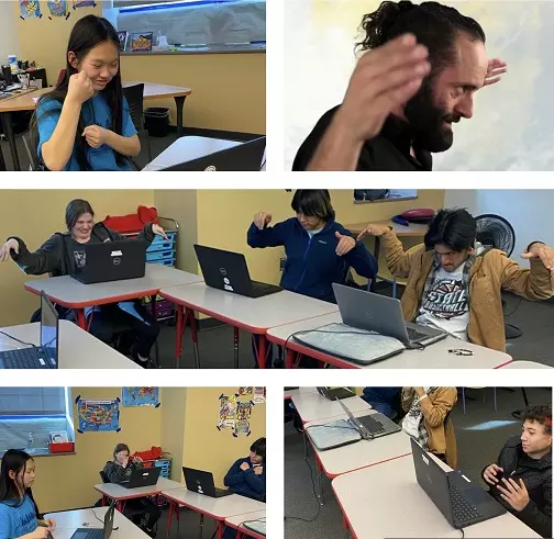 collage of five pictures with students using gestures to imitate the presenter