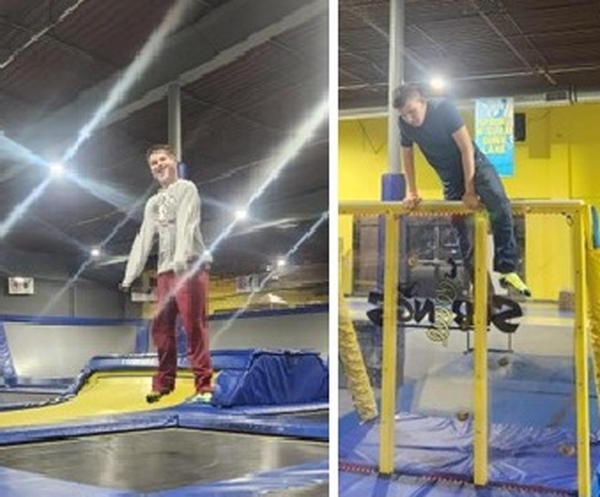 left, boy jumps on a trampoline; right, boy climbs on pipes.