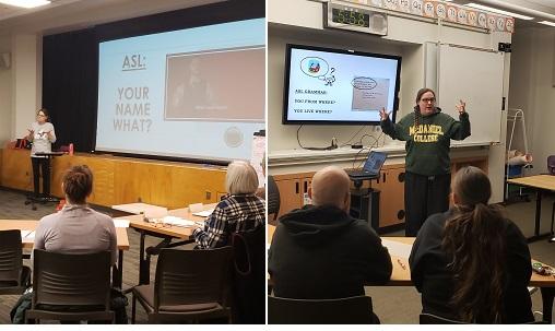 left, teacher in front of community ASL class with screen reading, "ASL: Your name what?"; right, teacher in front of family ASL class with screen reading, "ASL Grammar"
