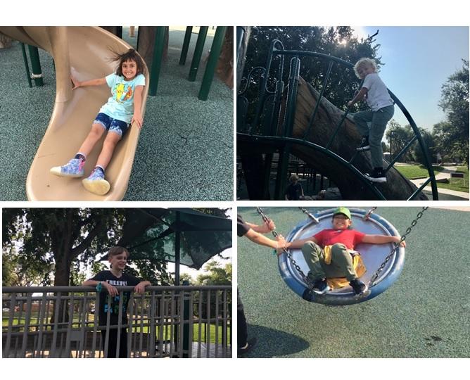 top left, girl goes down a slide; top right, boy climbs up a curvy ladder, bottom left, boy stands by a fence, bottom right, student on a disc swing