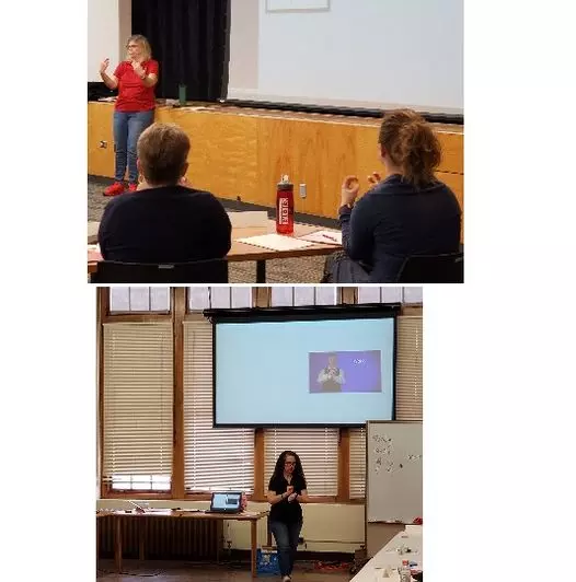 teacher uses ASL - students imitate shape and motion; Lower photo: teacher uses ASL in classroom]