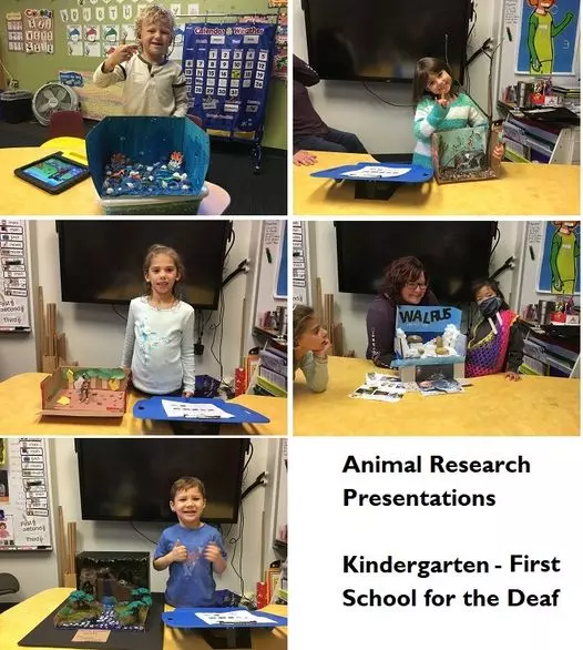  students and teacher pose with their animal dioramas. Text: Animal Research Presentations Kindegarten-1st  School for the Deaf