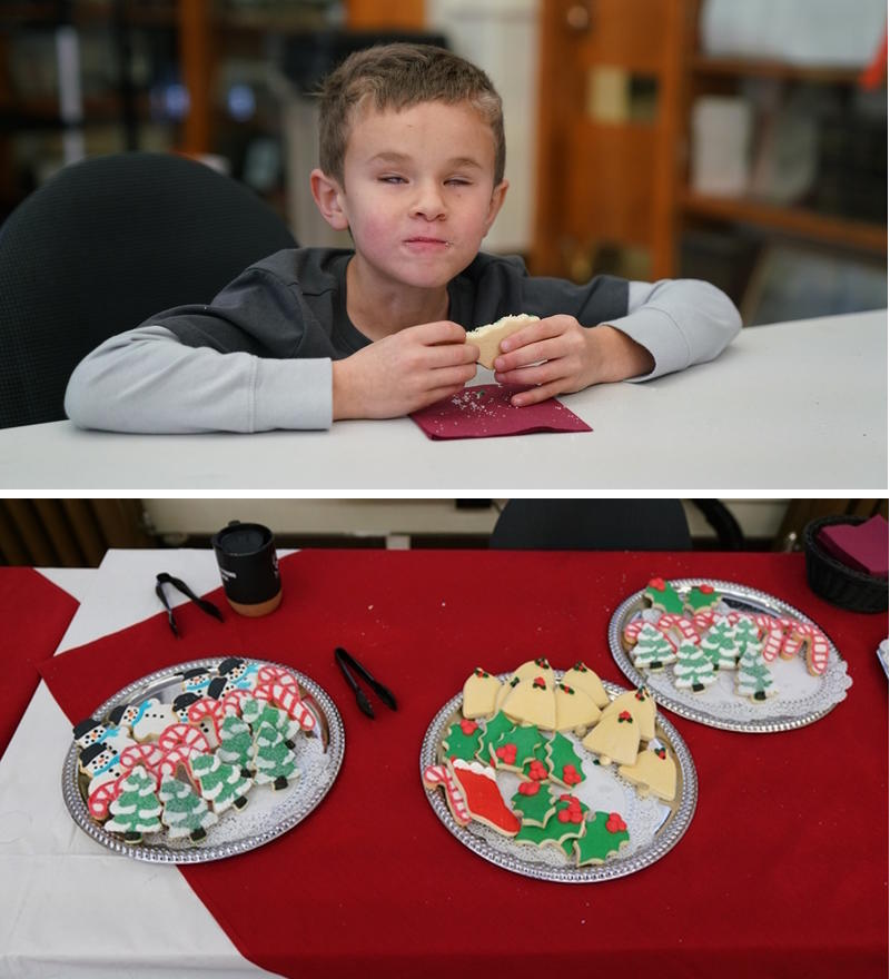 Top Picture:  A young student enjoys a cookies. Bottom Picture: Three plates of holiday cookies.