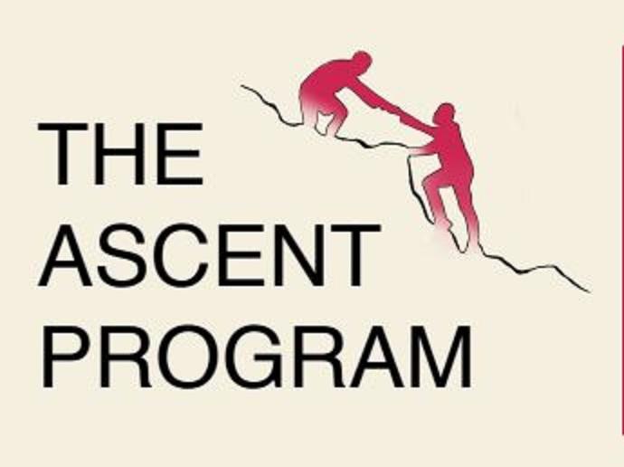 Text:"The Ascent Program, Graphic: one mountain climber helping another