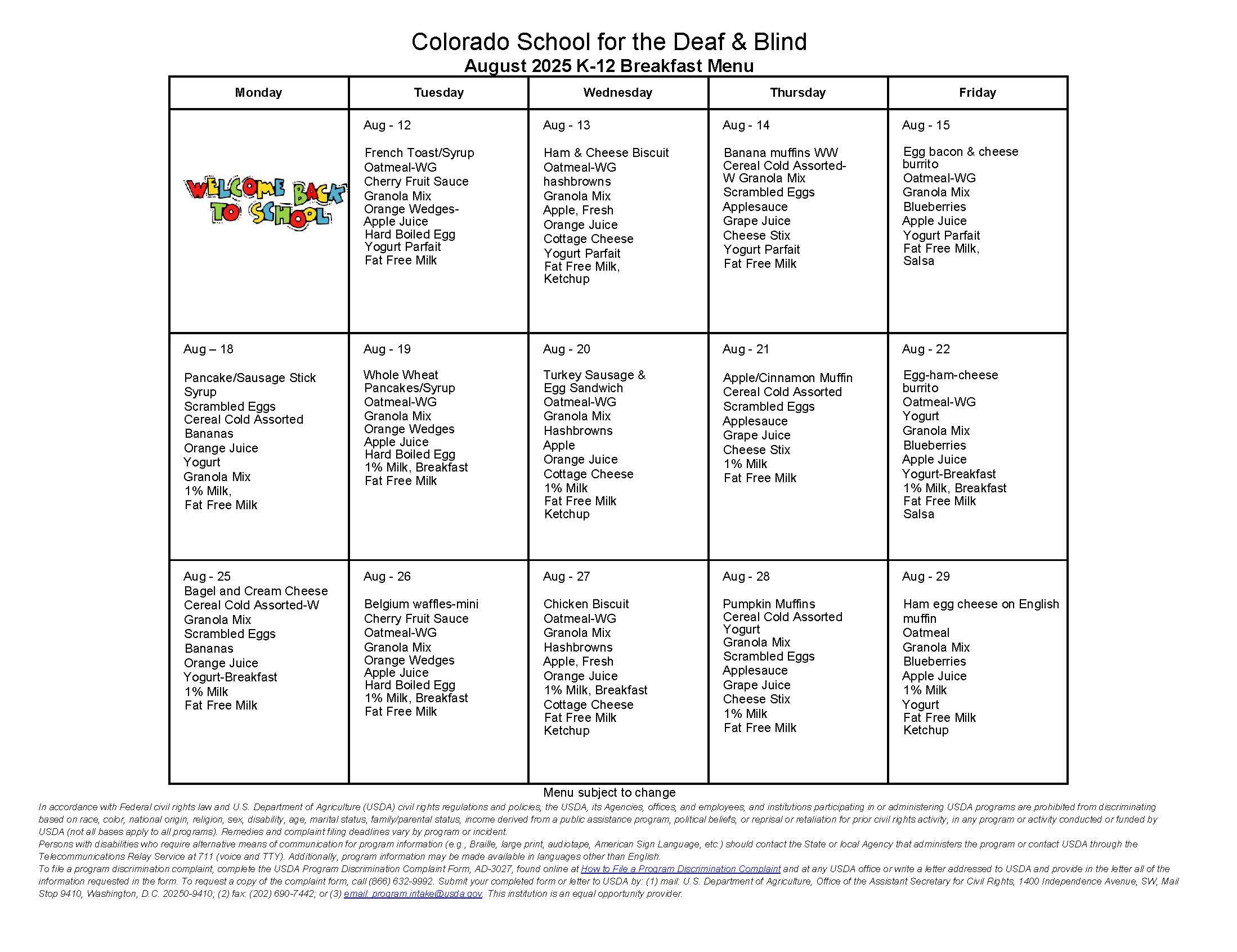 August Breakfast Menu 