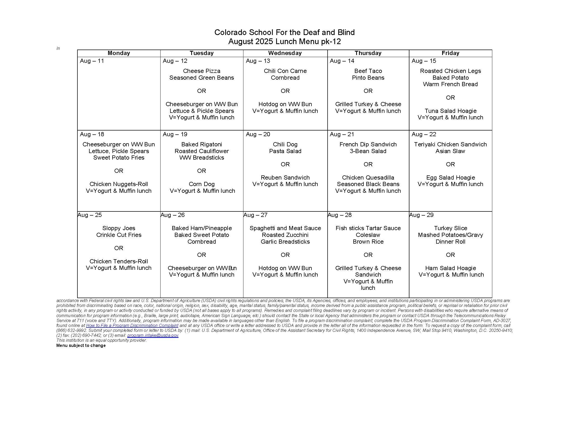 August Lunch Menu 