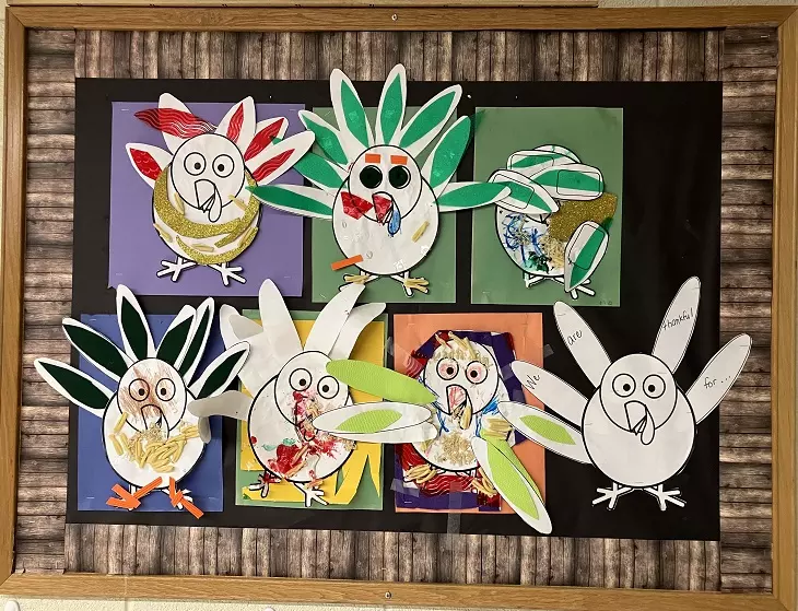 Seven paper turkeys decorated tactilely on a bulletin board 