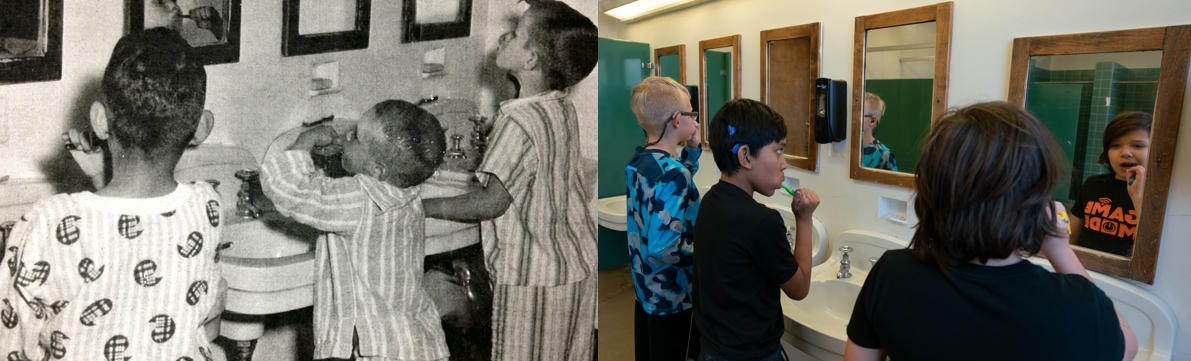 On the left in the 1960's 3 students standing in front of a sink, looking in the mirror and brushing their teeth. On the right 3 boys in 2024 standing in front of a sink, looking in the mirror and brushing their teeth.