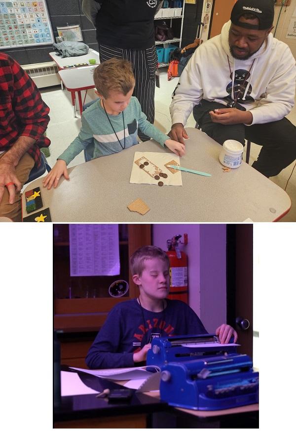 Top: young student works on a tactile food project while a male teacher looks on; Lower, male student uses a brailler