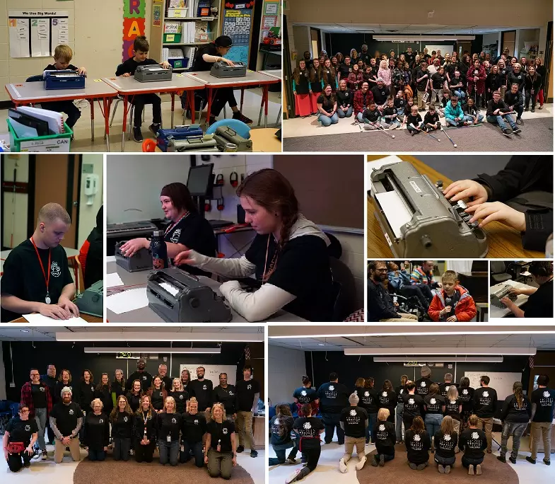 upper left, three young boys each using braille writers; top right, group photo of students, staff and volunteers; center left, teen male reading braille; center, two teen females using braille writers; center right, two photos of hands on braille writers and one photo of a young boy using a microphone in front of a crowd; lower left, staff photo wearing same style of black T-shirt; lower right, staff photo from the back showing T-shirt text, "Braille Challenge" in braille along with the CSDB Bulldog mascot
