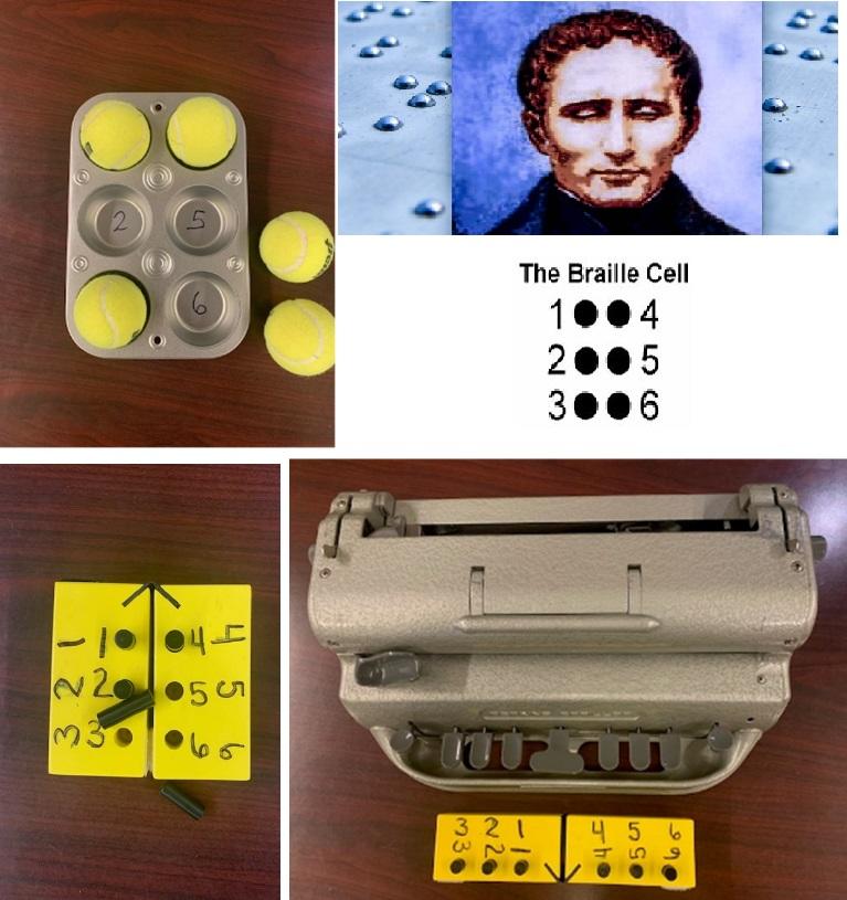 Left: muffin tin with tennis balls; Right, Louie Braille and the braille cell; lower left, swing cell; lower right, braille writer and swing cell