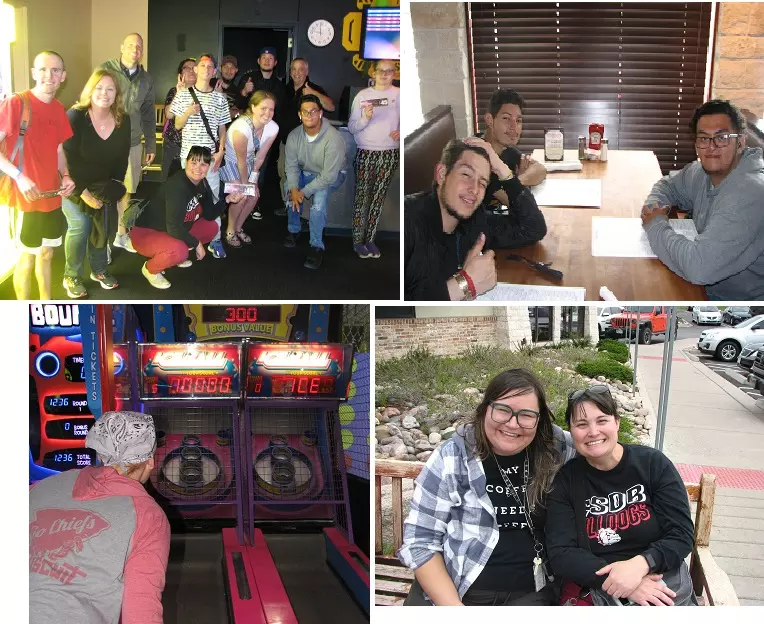 top left, students and staff pose for a group photo; top right, three male students sit at a restaurant table; lower left, one student plays a skeeball game; lower right, two teachers sit on an outdoor bench and smile for the photo