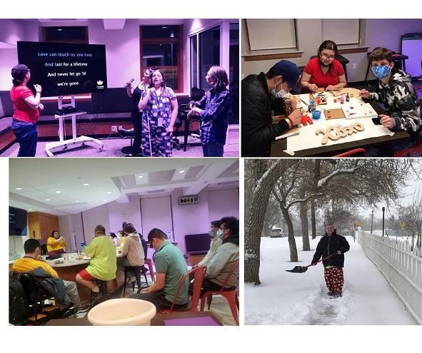 top left, dorm 4 people sing karaoke; top right, 3 students do crafts, lower left, 8 students during a presentation; lower right, 1 student shoveling snow