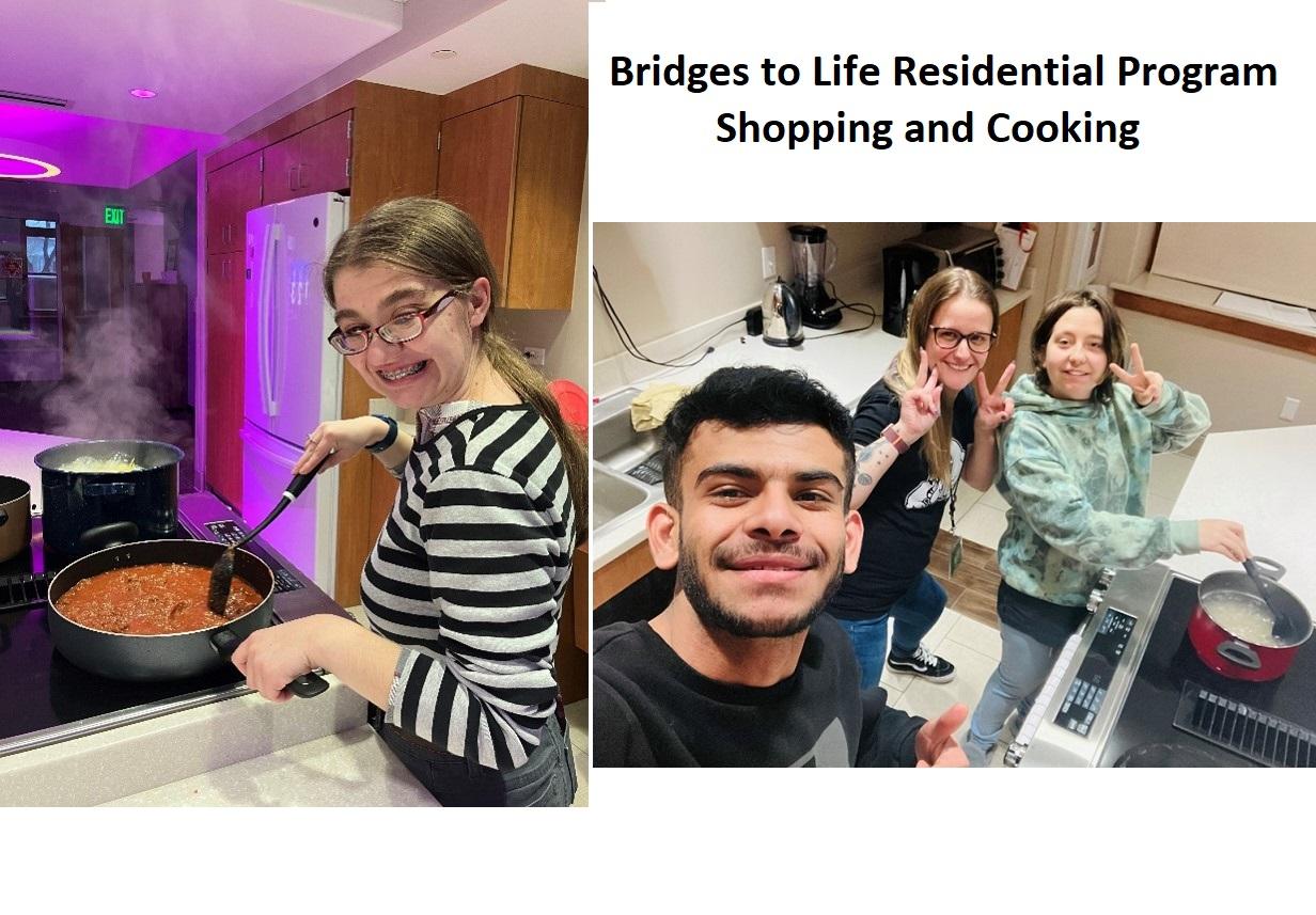 Left: female student cooks with a flying pan on top of the stove; Right, two students and a staff member give the peace sign and smile while using the stovetop for cooking. 