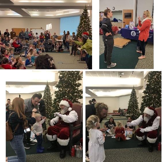 Collage: left, crowd watches the storytellers; right, Interim Superintendent Spangler in conversation; lower, small children use ASL with Santa;