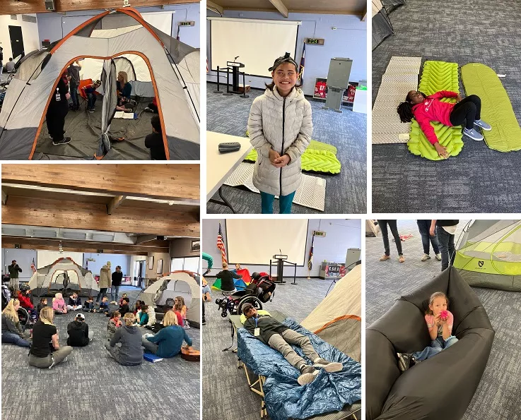 Collage of tent set up inside, girl wearing head light, girl testing cushy mat, circle of students and staff, boy on a cot and girl on inflatable pad