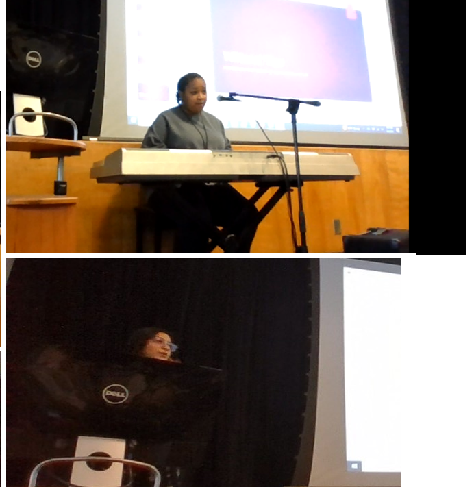 Upper, female student with low vison sits at a keyboard in front of the stage singing through a microphone; Lower, female Deaf student stands behind a podium speaking into a microphone in front of the stage.