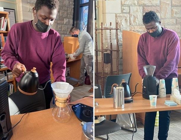 Left,male student pours liquid into a filter; right, student in the process of creating coffee