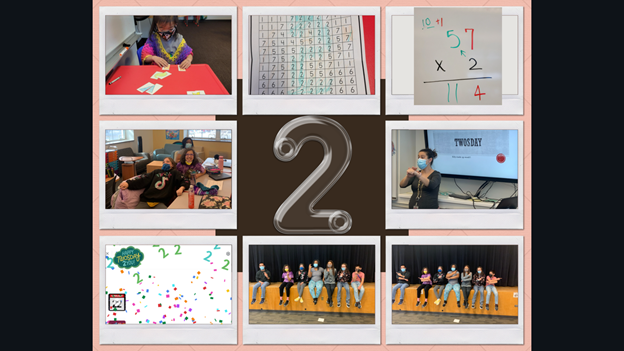 Collage:top left, elementary student at a table matching pictures; top center, worksheet - blue # 2's in the shape of a #2; top right, multi-digit multiplication; center left, class showing surprise faces at the Google Twosday animation, center is the Touch Math #2; center right, teacher in front of a class teaching; bottom kids!