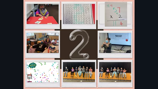 Collage:top left, elementary student at a table matching pictures; top center, worksheet - blue # 2's in the shape of a #2; top right, multi-digit multiplication; center left, class showing surprise faces at the Google Twosday animation, center is the Touch Math #2; center right, teacher in front of a class teaching; bottom kids!