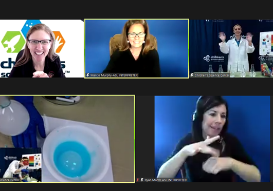 Zoom collage of 2 teachers, a science presenter, interpreter and science project picture