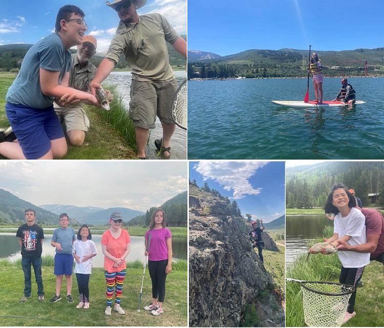 Top left, male student holds a newly caught fish; top right, girl stands on paddleboard; lower left five students stand for photo; lower center, student rock climbs, lower right, girl student holds newly caught fish above the net