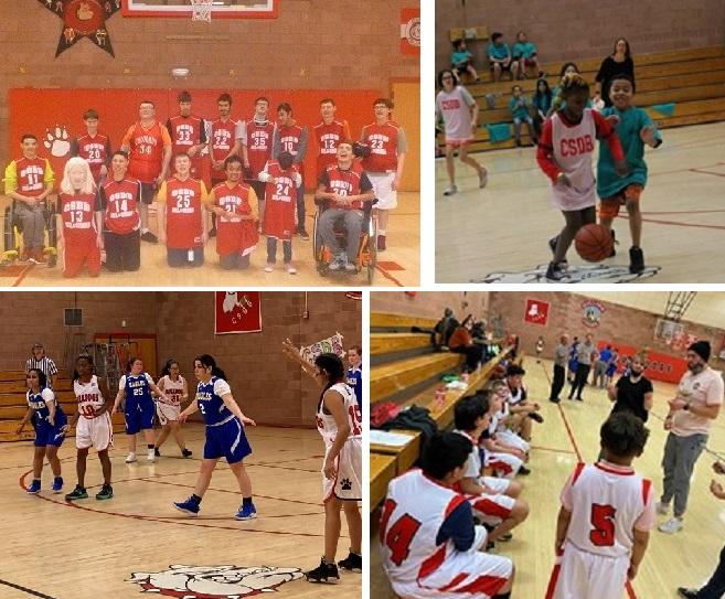 upper left, Special Olympics Basketball team; upper right, peewee players on the court; lower left, girls HS team on the court; lower right, boys MS team in huddle