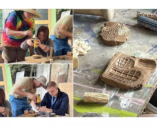 upper left, a student uses a power drill into a circle of wood while being supervised; lower left, a student holds a block of wood while an adult drills; right, four tiles with tactile patterns, created by students