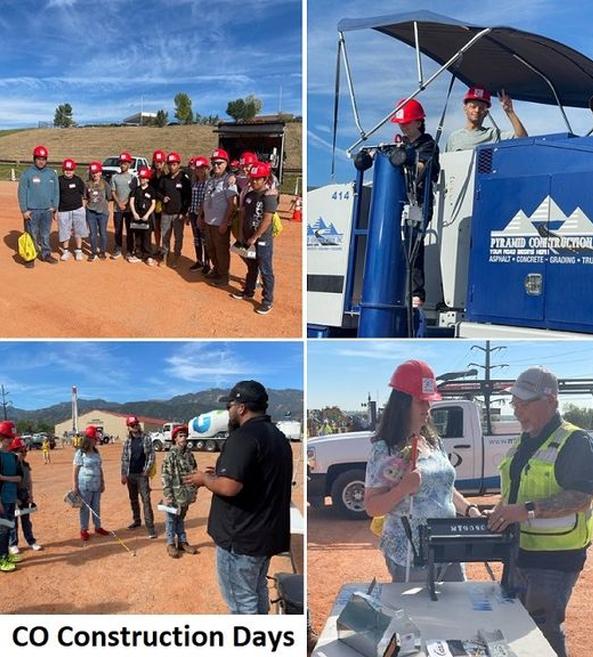 12 students wearing red hardhats and carrying homemade tackle boxes pose under the blue sky; top right, 2 students up in a construction truck wave; lower left, 5 students, one with a white cane, listen to a presenter; lower right, a blind student makes a metal tackle box with the help of a man teaching metal fabrication. Text: CO Construction Days