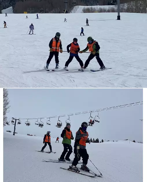 Top: guides use long pole with student skier who skis between the guides; Lower, three skiers snowplow down the hill