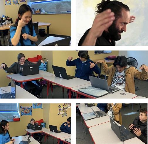 Collage of five photos with high school students using gestures to imitate the presenter