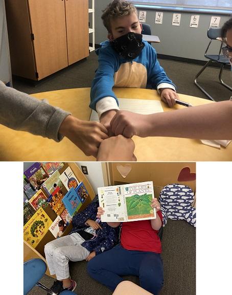 Upper: one boy, wearing mask, extends his fist with three others to make a symbol of team; Lower, two students read one book