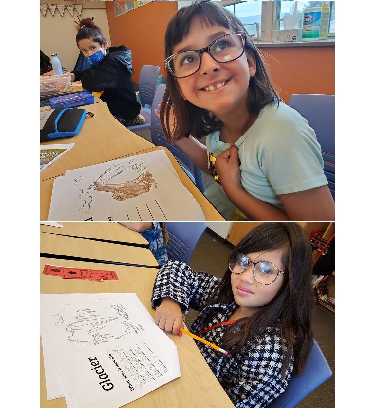Two photos show girls with their landform papers in the classroom