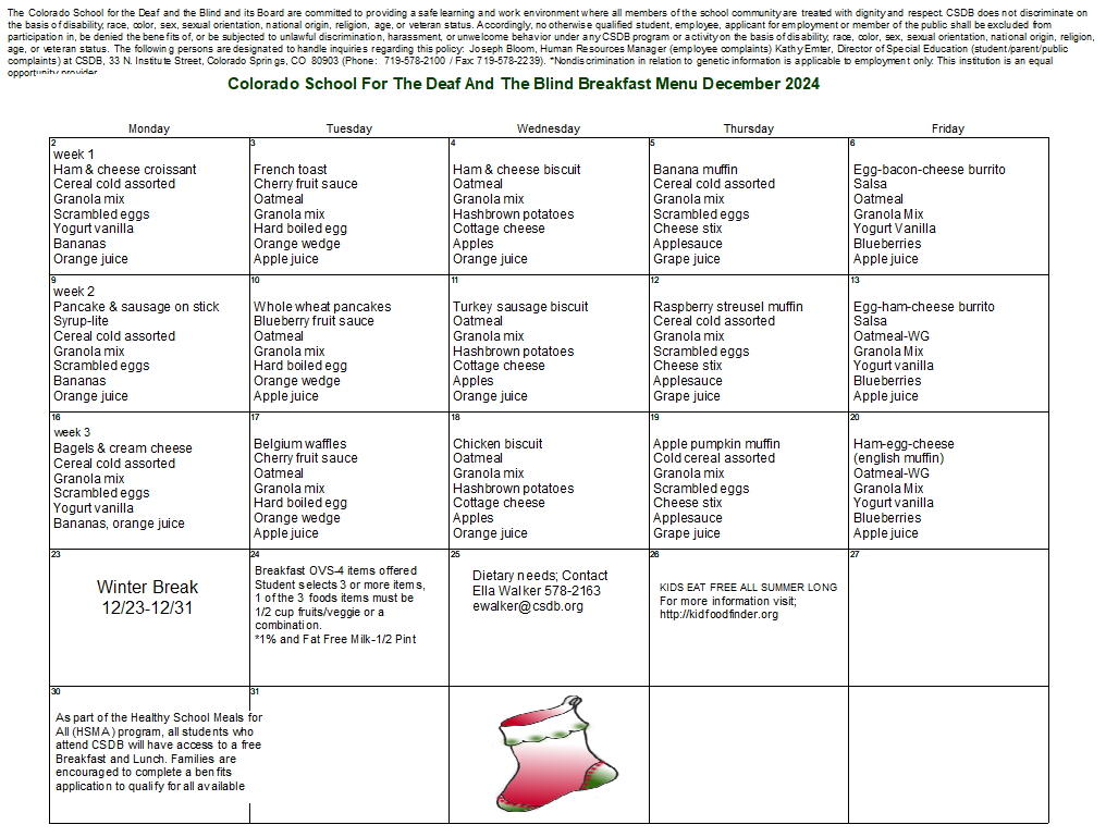 December 2024 Breakfast Menu